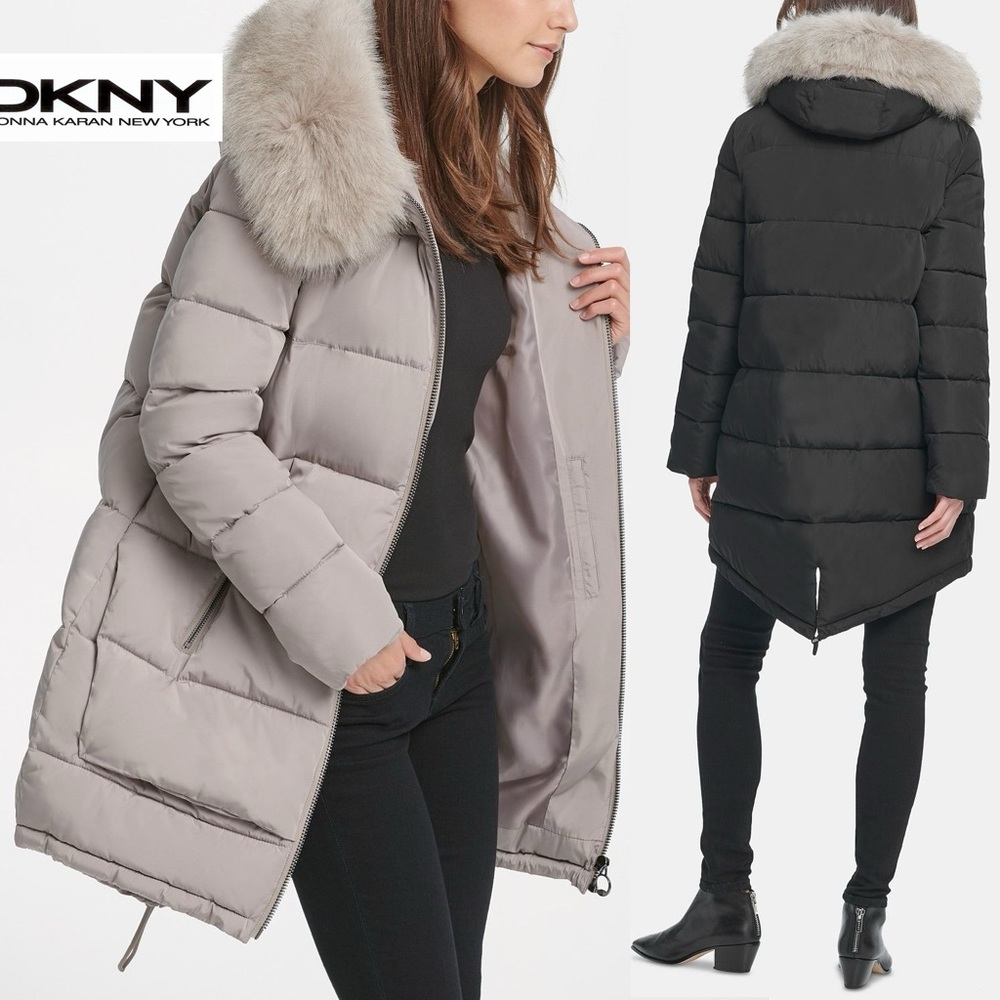 NWT DKNY Light Gray Puffer Quilted -10 Degree Winter Coat Fur Trim Hood Size XS